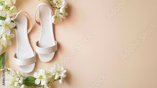 Spring or summer women's fashion footwear featuring white dress sandals with flowers, elegantly arranged on a pastel beige background, complete with ample space for text photo