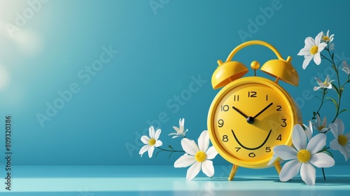 Cheerful yellow alarm clock with flowers on blue background, concept of joyful and happy moments, banner, copy space
