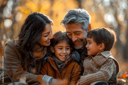 A heartwarming family scene capturing grandparents and their grandchildren sharing a loving embrace during a sunny autumn afternoon in the park.