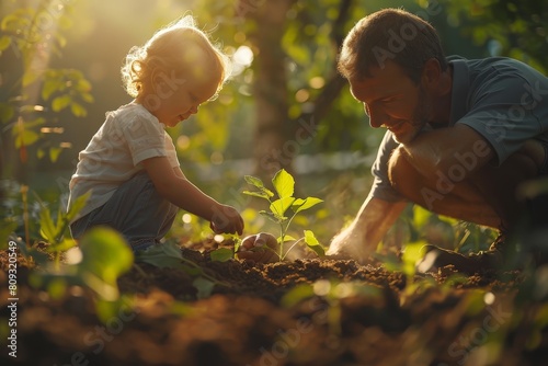 A heartwarming moment captured as a father teaches his toddler how to plant a young tree in the soft  golden light of the evening sun.