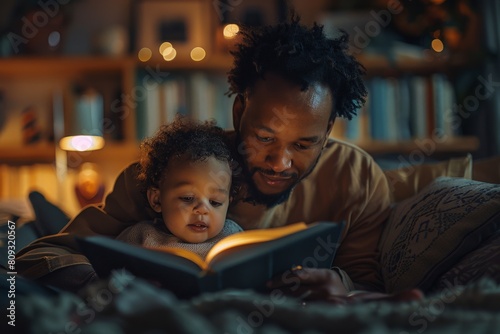 Cozy evening scene of a father and his young son enjoying a book together, surrounded by the warm glow of home lighting.