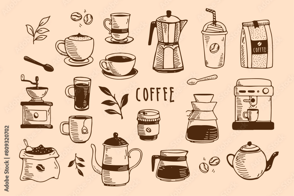 Fototapeta premium vintage Illustration set of coffee shop with hand drawn style. handdraw Vector graphics