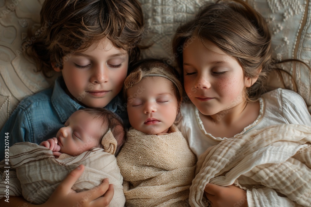 Four siblings gently cradle newborn twins in a serene, intimate family moment captured indoors. Four siblings gently cradle newborn twins in a serene, intimate family moment captured indoors.