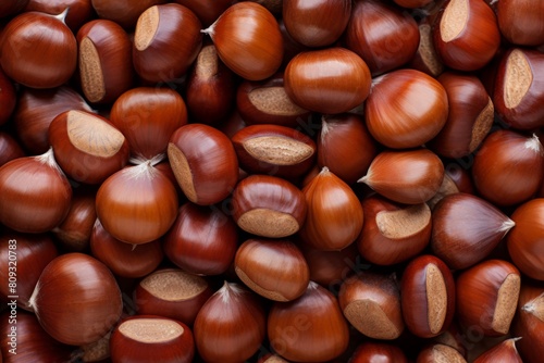 Ripe chestnuts close up. Sweet edible chestnuts. Food concept. Healthy eating.