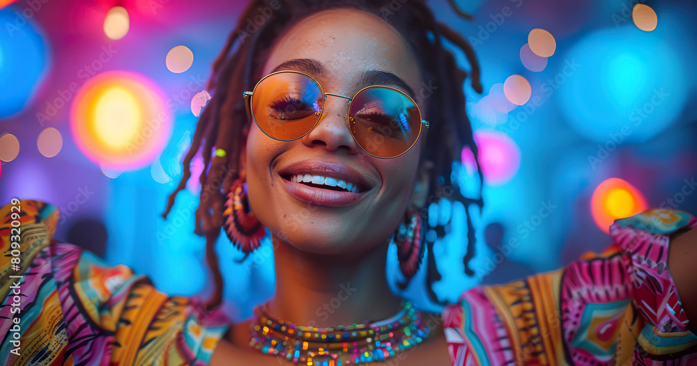 Nightlife Vibes: Woman Grooving to Disco Beats Amid Neon Lights, Shades On. Generated by AI Nightlife Vibes: Woman Grooving to Disco Beats Amid Neon Lights, Shades On. Generated by AI
