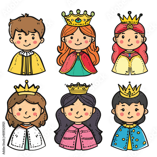 Six cute cartoon characters resembling children dressed monarchs illustrated, wearing royal crown. Various royal outfits portrayed among princes princesses represented animated children. Bright