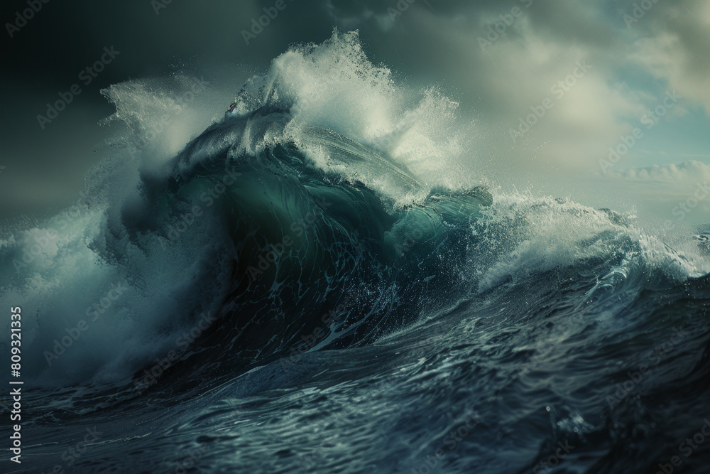 Obraz premium A powerful ocean wave, symbolizing the turbulent nature of life and its impact on others. Shot in the style of Canon EOS, with a realistic photographic style of hyperrealism