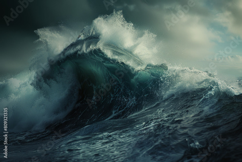 A powerful ocean wave, symbolizing the turbulent nature of life and its impact on others. Shot in the style of Canon EOS, with a realistic photographic style of hyperrealism photo