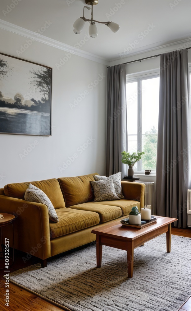 Tranquil Living Room with Plush Velvet Sofa Tranquil Living Room with Plush Velvet Sofa