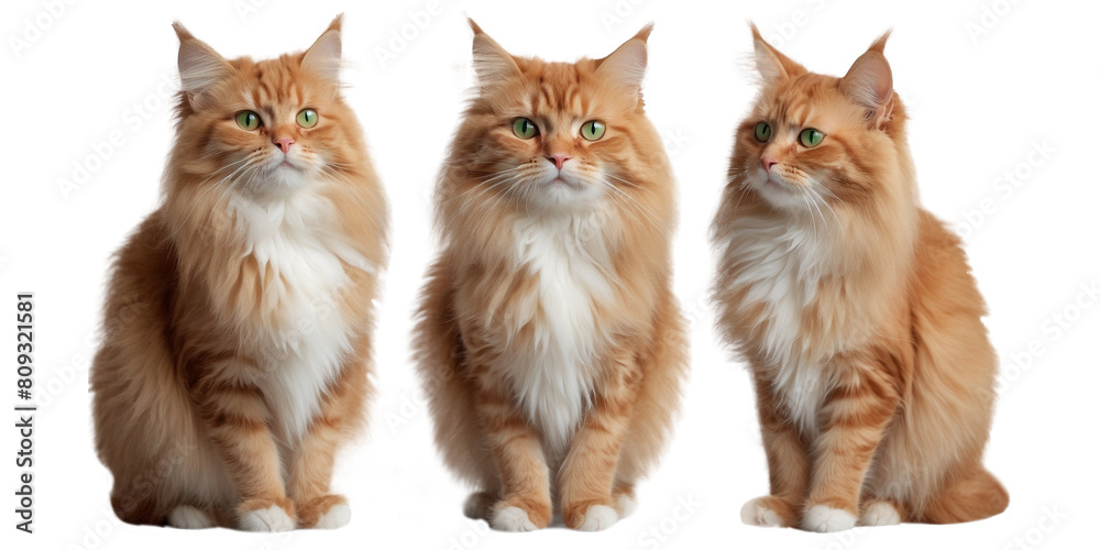 Charming ginger cat from different angles, studio shooting. Red, fluffy cat without background. Made by AI