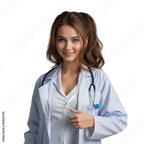 Smiling girl doctor in white robe. Doctor without PNG background. There is no AI created