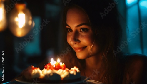 Woman holding cake  dark night shot