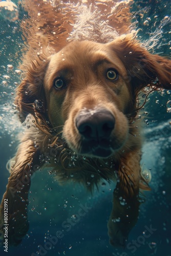 An underwater scene of a dog swimming, viewed from below. The dog looks joyful as it swims towards the camera. Sunlight shines through the water, casting a beautiful pattern of light and shadows. The