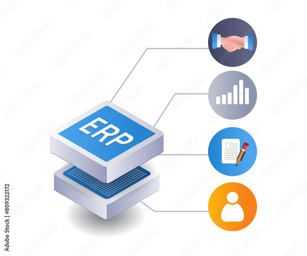 ERP network business management infographic flat isometric 3d illustration ERP network business management infographic flat isometric 3d illustration