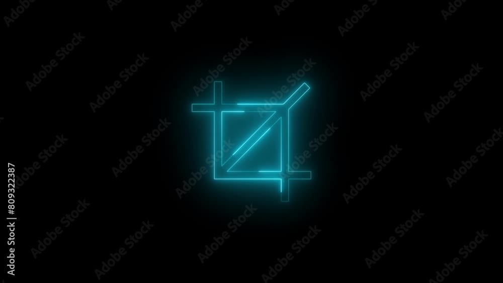 Neon glowing cyan color crop cut icon on black background animation Neon glowing cyan color crop cut icon on black background animation
