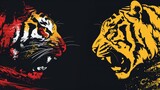 Aggressive tigers in black, yellow, and red - detailed illustration of two wild cats