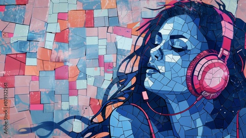 Vibrant mosaic wall art. blue and pink girl with headphones illustration for interior decor