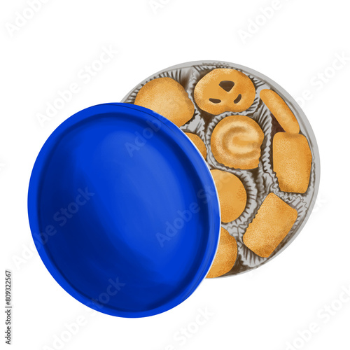 illustration of biscuits in an open blue round tin