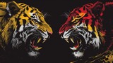 Aggressive tigers in black, yellow, and red - detailed illustration of two wild cats