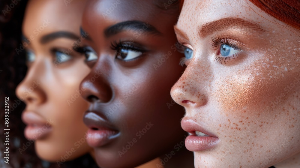 Three women with different skin colors and freckles are looking at the camera, AI Three women with different skin colors and freckles are looking at the camera, AI