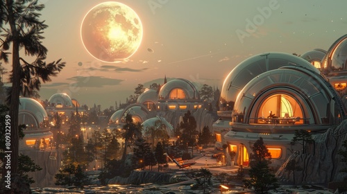 A large moon is rising over a futuristic city with domes  AI