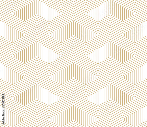 Modern golden vector geometric seamless pattern with thin lines, hexagons, quirky stripes. Gold and white abstract background. Simple trendy minimalist linear texture. Luxury repeated minimal design