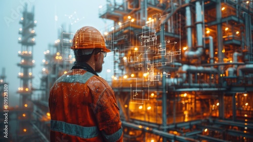 A man in a hard hat looking at an industrial facility, AI