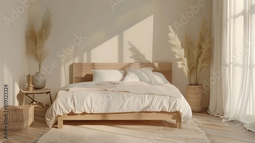 Minimal bedroom interior with Home decoration mock up. Cozy coastal stylish  furniture  comfortable bed  Modern design background 