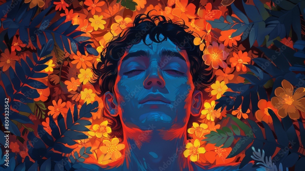 A person who looks depressed floating with flowers.