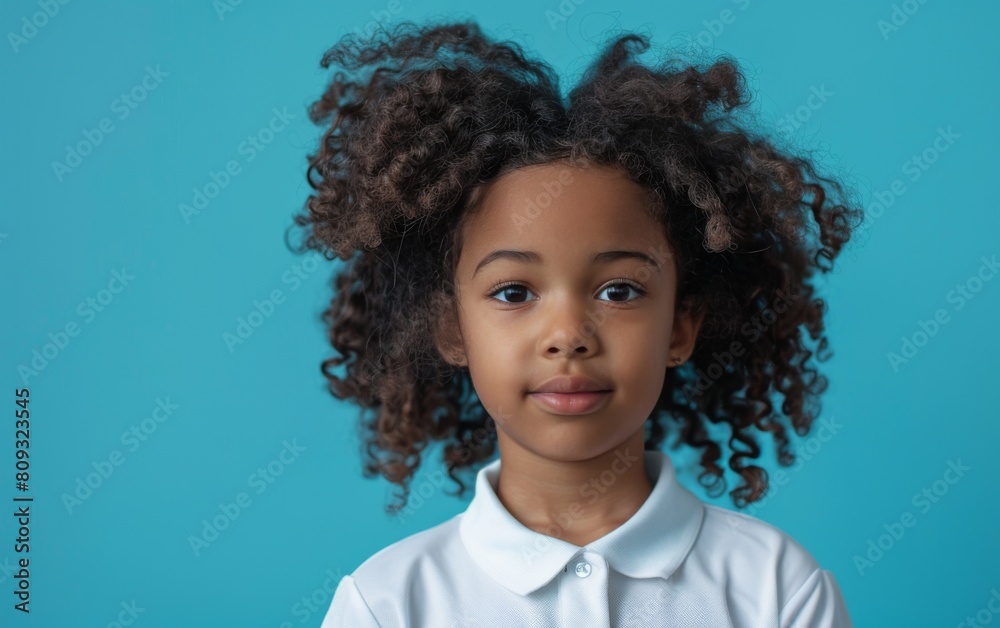 A young girl with curly hair wearing a white shirt stands confidently in the sunlight A young girl with curly hair wearing a white shirt stands confidently in the sunlight