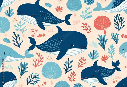 Seamless pattern with cute blue whale on light background. Flat style vector illustrations can be used for packaging paper, fabric, textile, wrapping paper, fabric, textile, etc.
