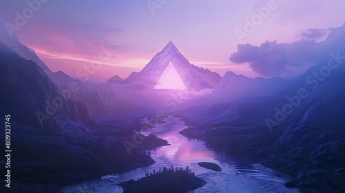 Mystical Pink Triangle Floating Above River Surrounded by Tall Mountains at Dawn