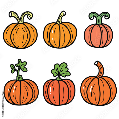 Set six colorful handdrawn pumpkins, various shapes designs. Cartoon pumpkins, perfect autumn Halloween themes. Isolated white, artistic pumpkins suitable childrens book