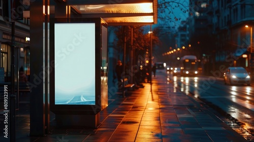 Blank advertising light box on bus stop  mockup of empty ad billboard on night bus station  template banner on background city street for poster or sign  afisha board and headlights of taxi cars