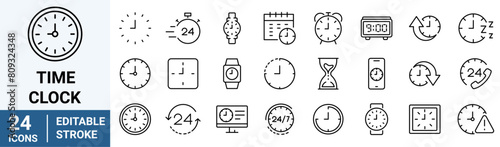 Time and Clock web icons in line style. Calendar, timer, time, stopwatch, countdown, collection. editable. Vector illustration.