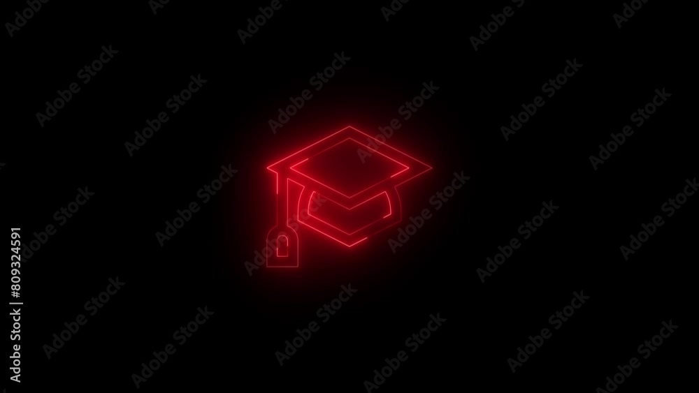 Neon glowing red color education cap icon on black background animation Neon glowing red color education cap icon on black background animation