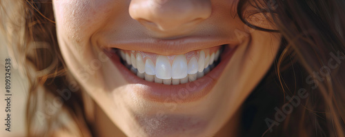 A detail of the white and healthy teeth young beutiful brunette woman . photo