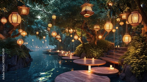 Floating platforms adorned with lanterns and lush greenery form a whimsical fantasy . Generative Ai © Witri