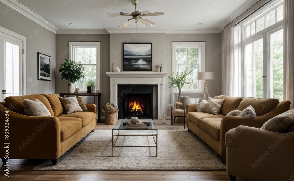 Fototapeta premium Tranquil Living Room with Plush Velvet Sofa
