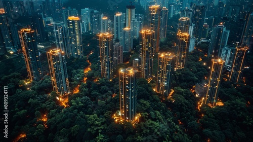 A cityscape lit up at night with trees in the background  AI