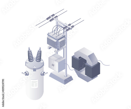Electric equipment transformer technology infographic 3d illustration flat isometric