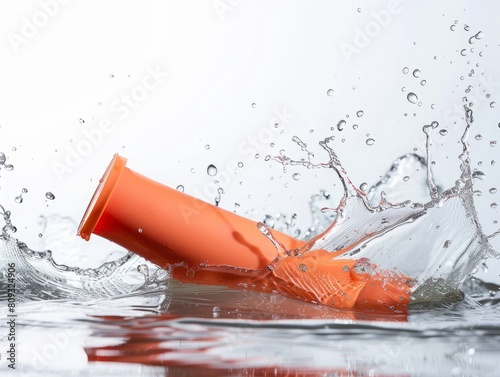 Orange Tube in Water with Splashes on White Background: Product Photography © Bi