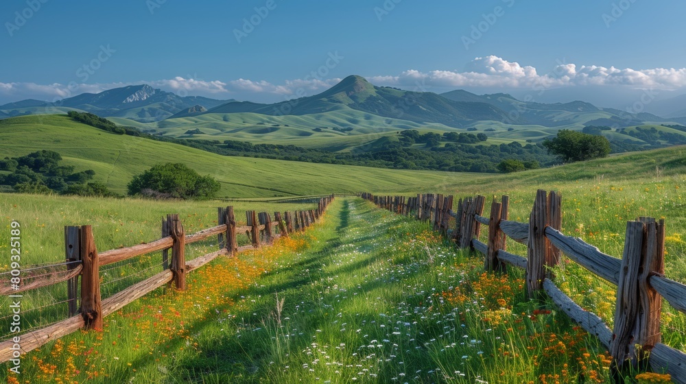 A wooden fence in a grassy field with flowers and mountains, AI