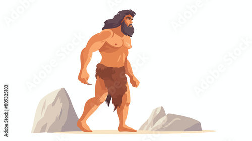 sketch caveman walking naked. Prehistory barbarian photo