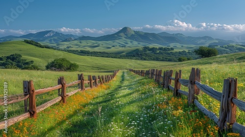 A wooden fence in a grassy field with flowers and mountains  AI