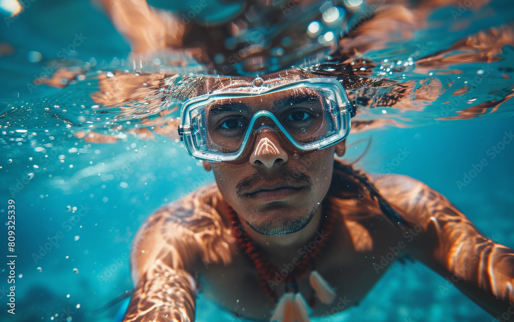 Fototapeta premium A man wearing a mask and goggles diving into the water for a swim or underwater exploration