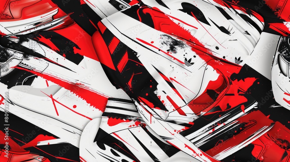 A repeating pattern of red and white sneakers with black paint splatters. AIG51A.