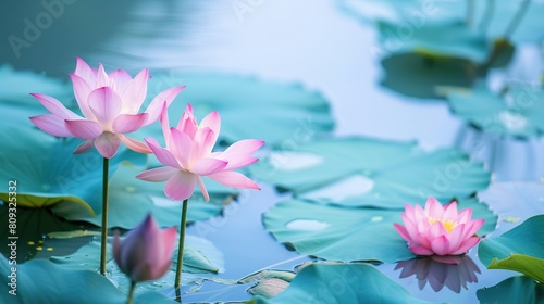 vibrant lotus flowers dot serene waters. Generative Ai