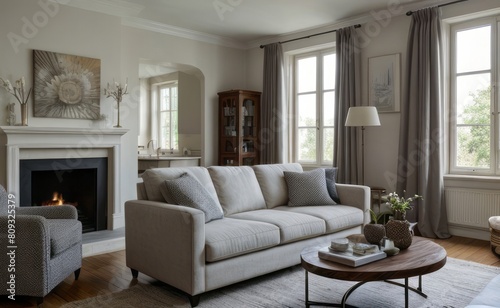 Tranquil Living Room with Plush Velvet Sofa