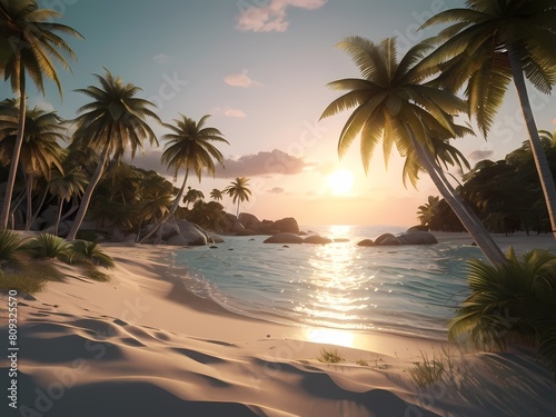 A tropical beach scene  white sand shoreline  crystal clear turquoise waters and green palm trees swaying gently in the breeze.